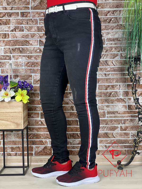 Blugi de dama, Negru zgâriat cu dungi laterale - PF300